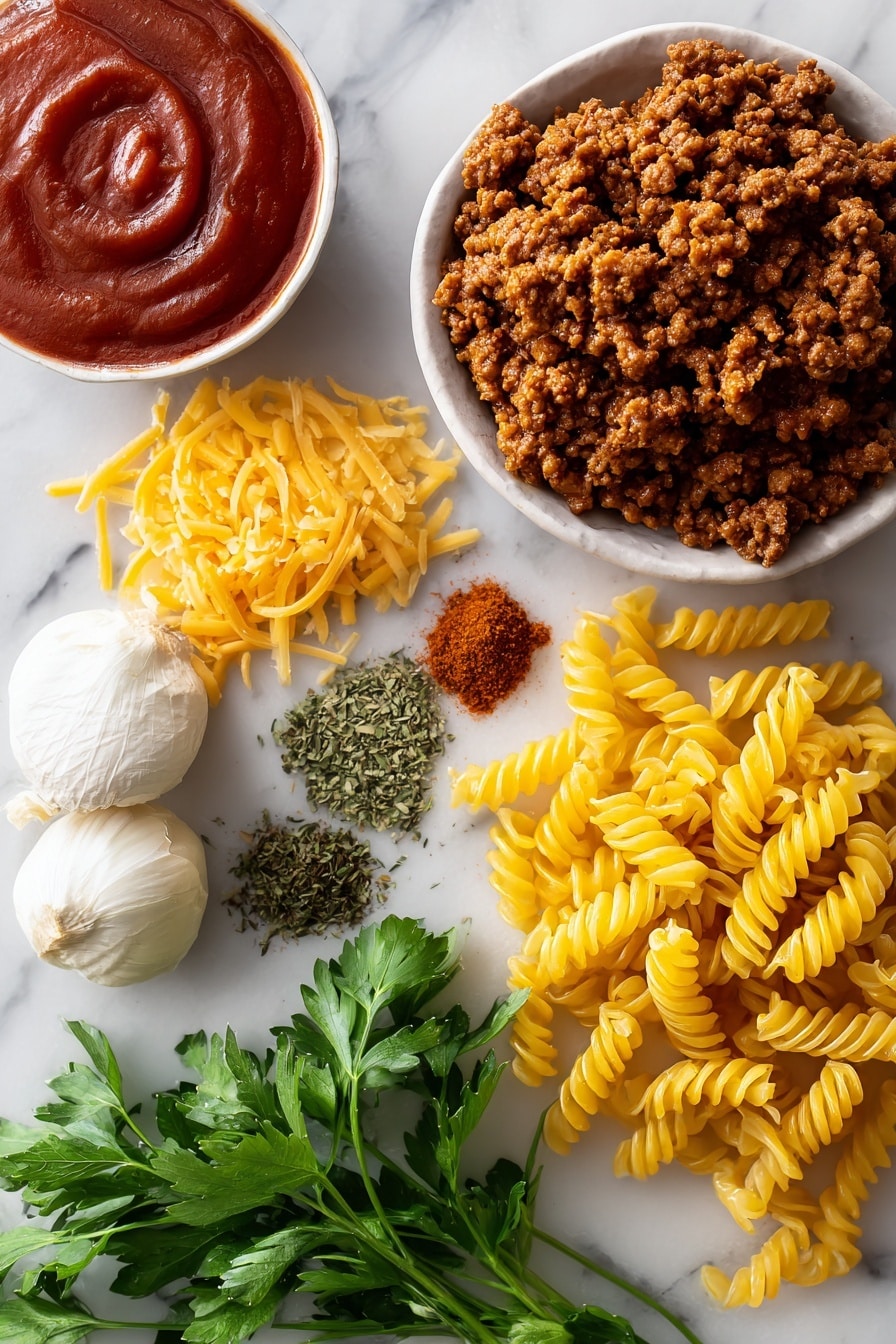 Vegan Cheeseburger Pasta - Flat lay of vibrant diced yellow onion with its soft layers, two whole garlic cloves showing their papery white skin and smooth texture, a mound of rich, crumbly vegan ground beef alternative in deep brown tones, bright reddish-orange chili powder sprinkled alongside dried green oregano leaves and smoky paprika powder, a glossy swirl of thick red tomato sauce, uncooked corkscrew-shaped rotini pasta in pale golden hues, a small pile of shredded vegan cheddar cheese in warm orange shades, fresh bright green parsley leaves with delicate texture, all arranged naturally with slight overlaps and gentle shadows placed on white marbled surface, photo taken with an iphone --ar 2:3 --v 7