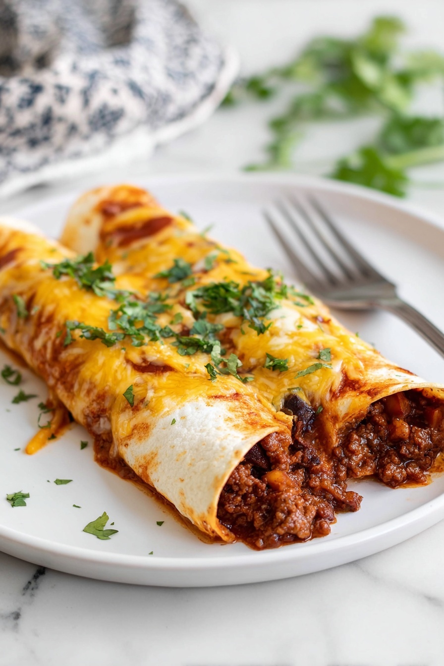 Beef Enchiladas - Two rolled enchiladas lie side by side on a white plate, each filled with a rich, dark brown meat mixture with visible small pieces of cooked onions and peppers spilling out at the front. The top of the enchiladas is covered with a layer of melted, golden cheese with some orange-red enchilada sauce peeking through. Fresh, chopped green cilantro is sprinkled generously over the cheese, adding a fresh touch of color. A silver fork rests on the plate behind the enchiladas, all set on a white marbled surface. Photo taken with an iphone --ar 2:3 --v 7