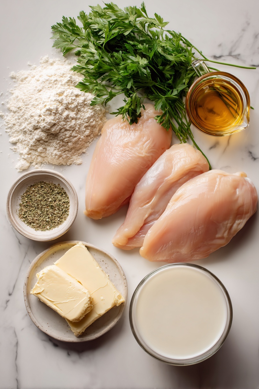 Creamy Ranch Chicken - Flat lay of four fresh boneless, skinless chicken breasts with smooth pinkish-white flesh, a small bunch of bright green fresh parsley with delicate leaves, a golden pat of creamy butter with a soft texture, a small pile of fine white flour, a glass of creamy white sour cream with a glossy surface, a cup filled with clear, light amber chicken broth, a small bowl of rich white milk, and scattered pale beige dried Italian herbs and ranch seasoning powder with a slightly granular texture, all beautifully arranged in a natural, balanced composition, placed on white marbled surface, photo taken with an iphone --ar 2:3 --v 7