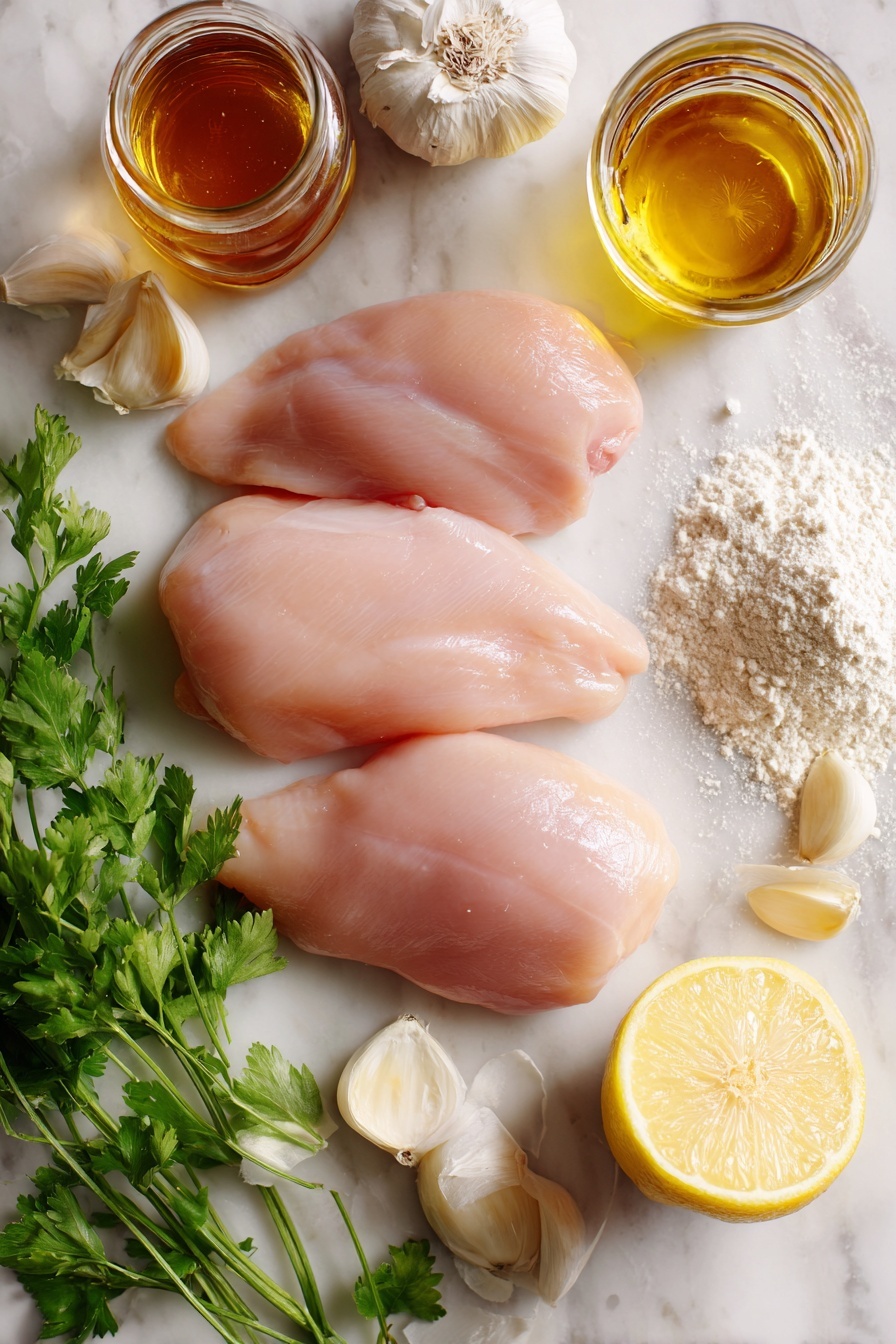 Honey Garlic Chicken - Flat lay of four raw boneless, skinless chicken breasts with smooth pale pink skin, several cloves of fresh garlic showing their papery white skin and creamy interiors, a small jar of golden honey glistening under the light, bright green fresh parsley leaves with delicate textures, a clear glass bottle of amber soy sauce reflecting light, a halved lemon with vibrant yellow flesh and juicy texture, and a small mound of fine, white all-purpose flour scattered lightly, arranged naturally with some herbs overlapping the chicken pieces, placed on white marbled surface, photo taken with an iphone --ar 2:3 --v 7