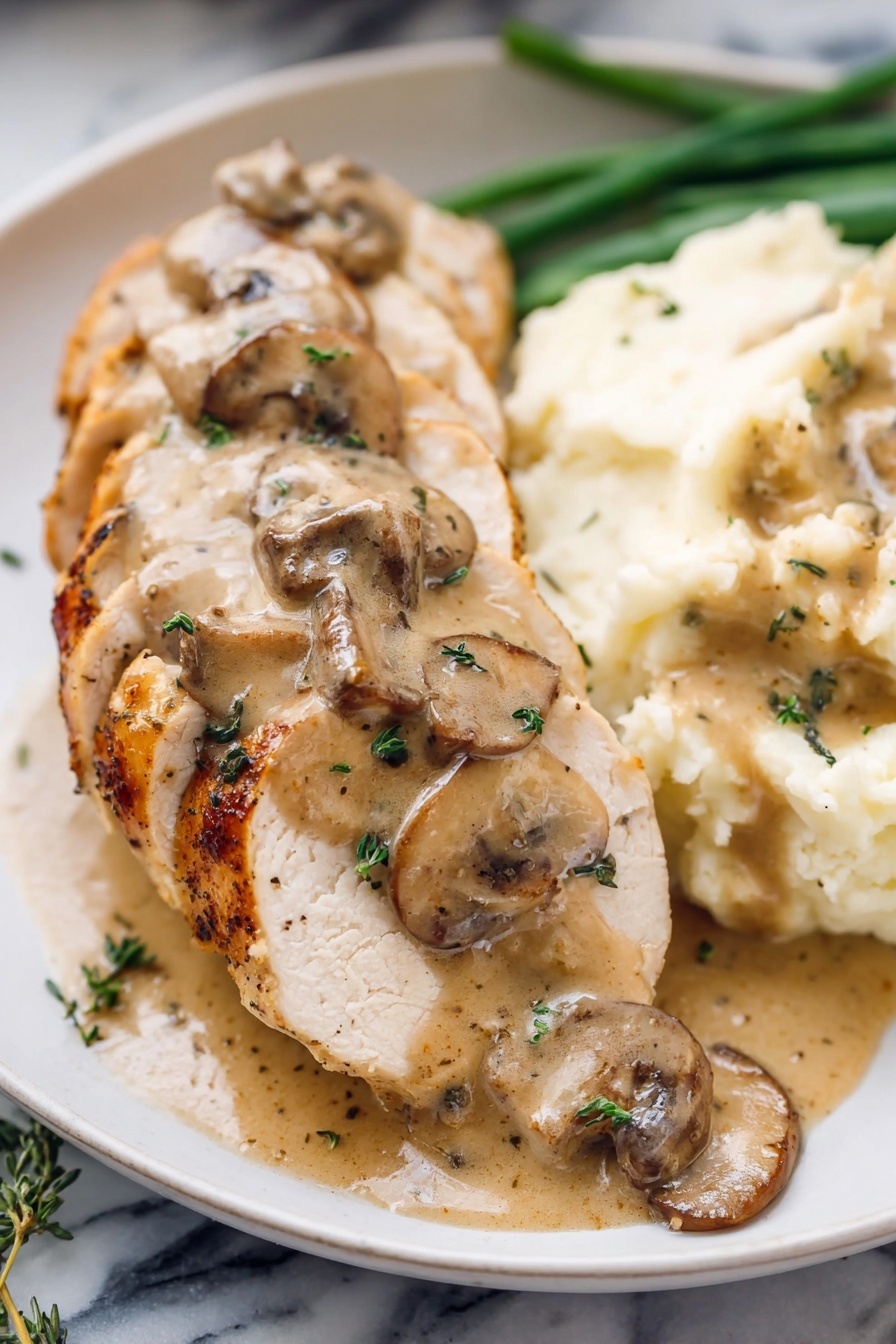 chicken with mushroom sauce - A white plate holds a layered meal starting with slices of browned chicken with a firm white interior at the base. On top of the chicken, there is a creamy light brown sauce with large mushroom slices and small green herb pieces sprinkled over. To the right side of the plate, a serving of creamy mashed potatoes with bits of herbs in them sits partially covered with the sauce. The background shows a white marbled surface and some green vegetables are visible behind the chicken. photo taken with an iphone --ar 2:3 --v 7