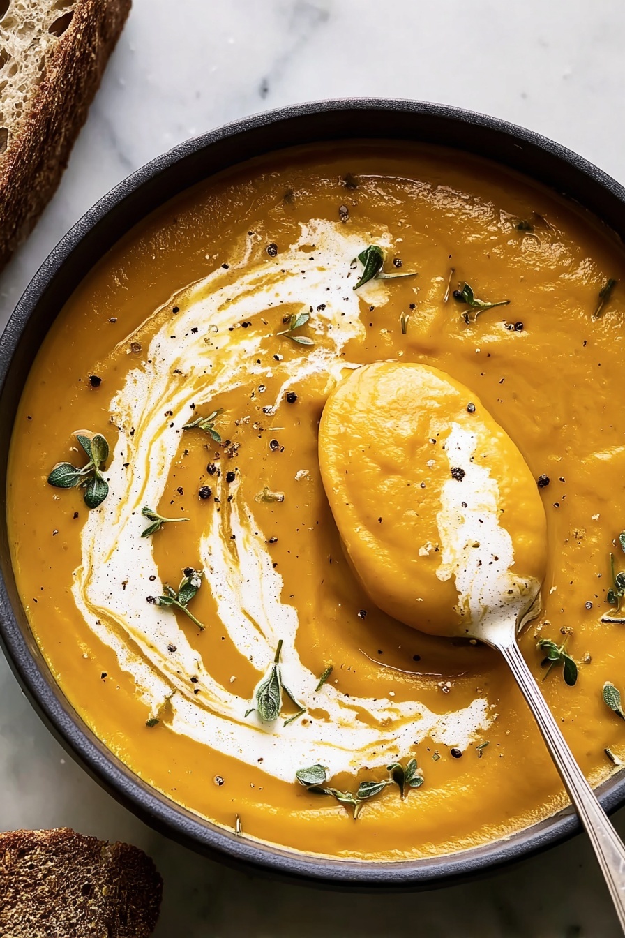 butternut squash soup - A bowl of thick orange pumpkin soup fills a round dark bowl placed on a white marbled surface with a piece of brown bread in the corner. The soup is smooth with a creamy white swirl pattern on top. Small green herb leaves and scattered black pepper dots decorate the surface. A spoon holding a scoop of the soup with cream on it dips into the right side of the bowl. photo taken with an iphone --ar 2:3 --v 7