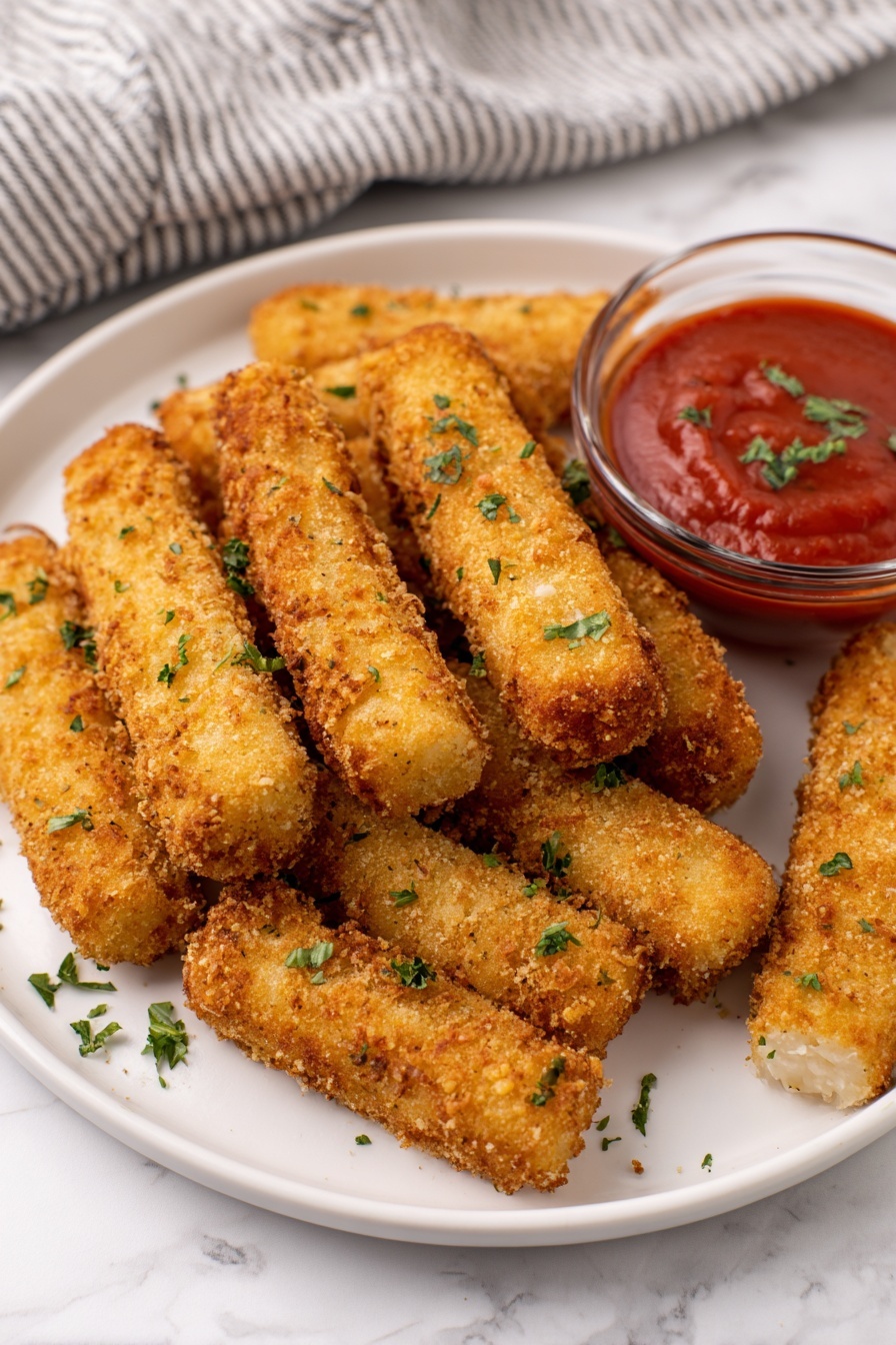 A white plate with nine golden-brown fried sticks arranged mostly in a loose pile with one stick near the bottom right edge. Each stick has a rough, crispy texture sprinkled with small green parsley pieces. On the right side of the plate is a small clear glass bowl filled with smooth red dipping sauce, also topped with small green parsley bits. The plate sits on a white marbled surface with a folded striped cloth with gray and white lines in the upper left background. Photo taken with an iphone --ar 2:3 --v 7