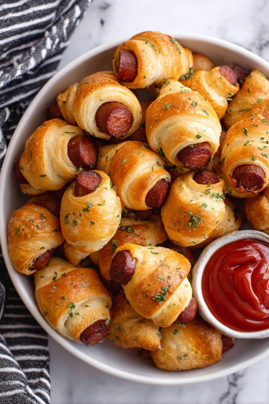 A white bowl filled with many small golden-brown crescent rolls wrapped around dark reddish-brown mini sausages, each piece sprinkled lightly with green herbs. On the right side of the bowl, there is a small section with bright red ketchup for dipping. The whole bowl is placed on a white marbled surface with a black and white striped cloth nearby. Photo taken with an iphone --ar 2:3 --v 7