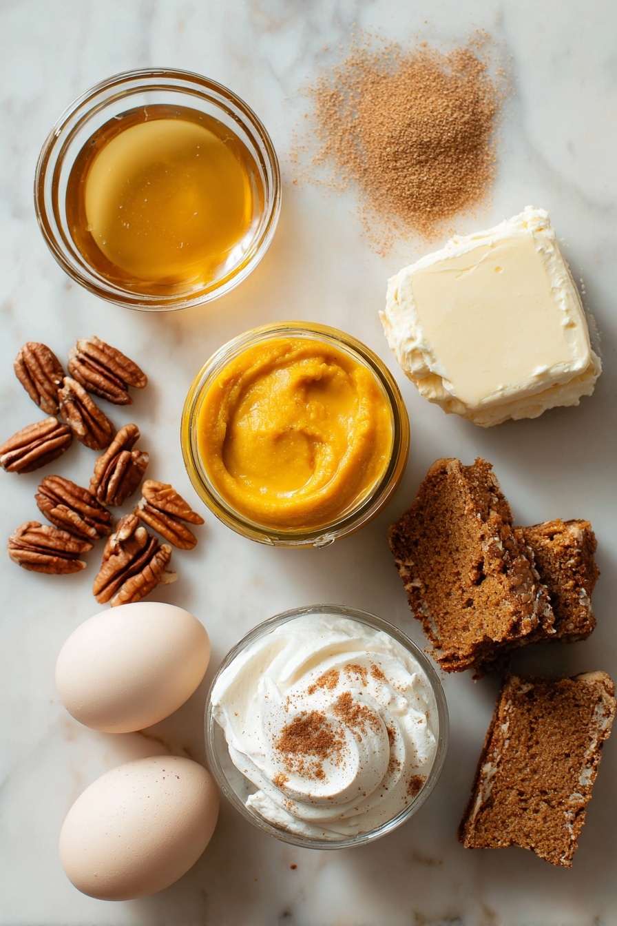 Flat lay of vibrant pumpkin purée in a small glass jar, golden melted butter glistening in a clear container, rich caramel sauce flowing gently beside smooth, creamy white cream cheese frosting dolloped softly, whole bright brown pecans scattered artfully, fragrant cinnamon and nutmeg powder sprinkled lightly as pumpkin pie spice, warm golden-brown spice cake pieces broken to show texture, and two fresh large eggs with clean shells, all beautifully arranged on a white marble surface, photo taken with an iphone --ar 2:3 --v 7