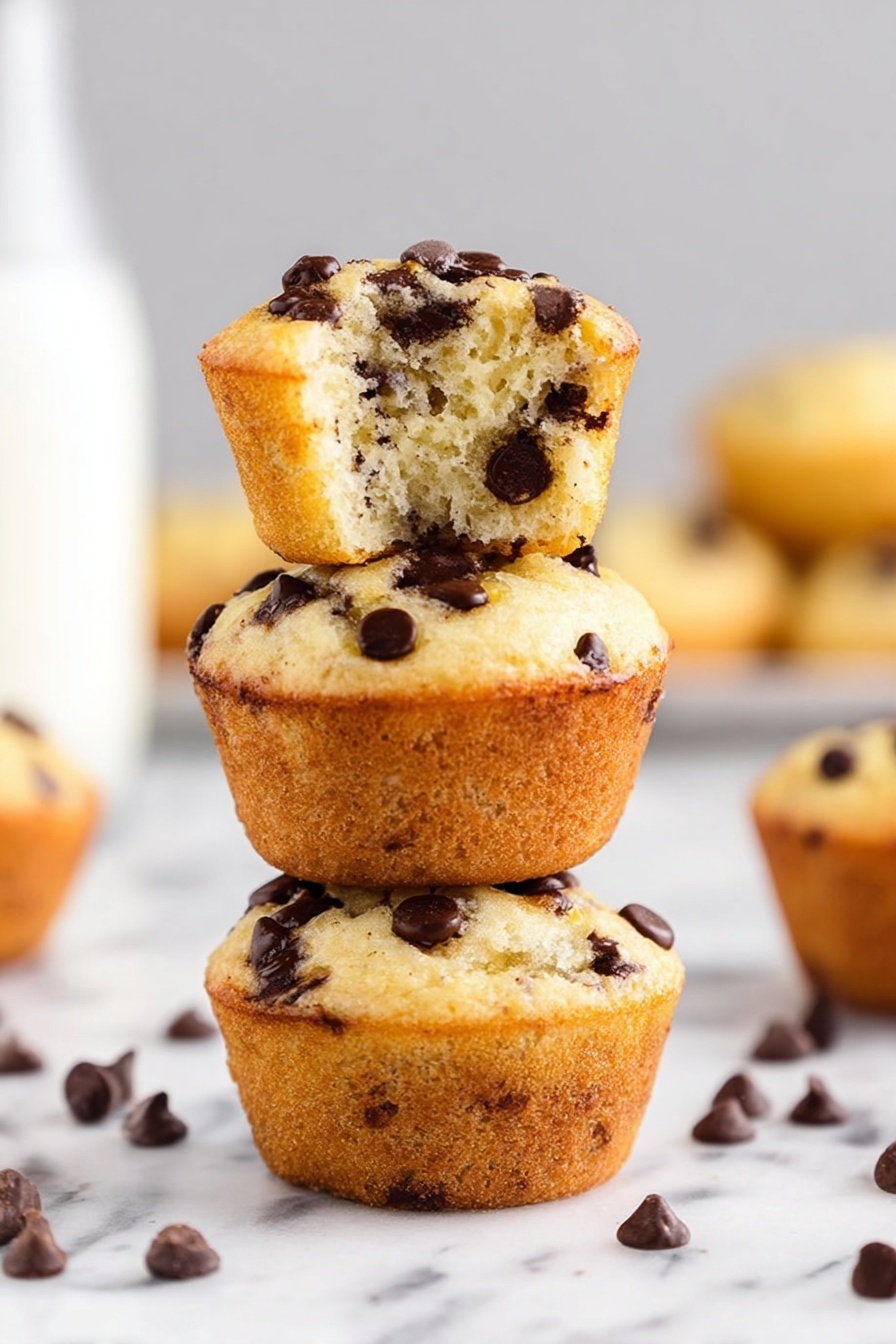 Three small chocolate chip muffins are stacked vertically on a white marbled surface. The bottom two muffins are whole, golden-brown on the bottom and lightly golden with dark chocolate chips on top. The top muffin is broken in half, with the open side showing a soft, light yellow inside filled with chocolate chips. Scattered chocolate chips lie around the muffins, and blurred muffin shapes and a glass of milk sit in the background. photo taken with an iphone --ar 2:3 --v 7