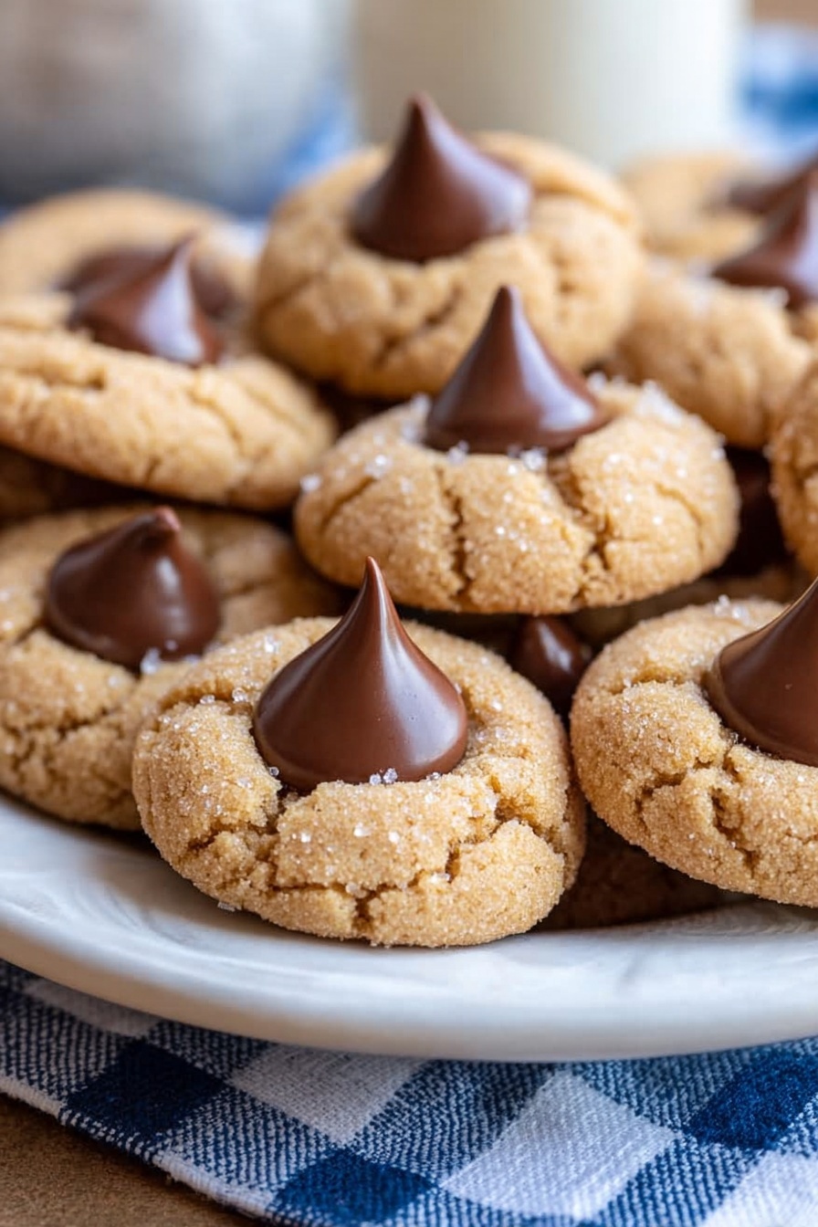 The image shows a close-up of round cookies with a light brown, slightly cracked texture, each topped in the center with a dark chocolate kiss that is smooth and shiny, forming a pointed peak. The cookies are arranged densely in a shallow white bowl placed on a white marbled surface next to a blue and white checkered cloth. The focus is on the front cookies, highlighting the sugar crystals on the edges that add a slight sparkle. Photo taken with an iphone --ar 2:3 --v 7