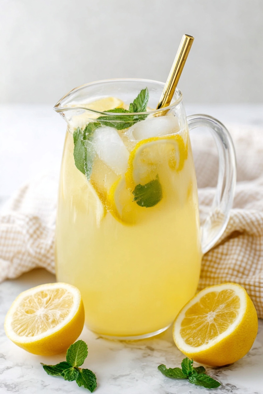 The image shows two tall clear glasses filled with light yellow lemonade, each containing a thin lemon slice and topped with fresh green mint leaves and ice cubes near the top, placed on a white marbled surface. Behind the glasses, there is a clear glass pitcher filled with more lemonade, lemon slices, and mint leaves, with a golden spoon inside. To the right on the surface, there is a lemon half and two sprigs of fresh mint leaves. The overall setting is bright and clean with a white marbled background. photo taken with an iphone --ar 2:3 --v 7