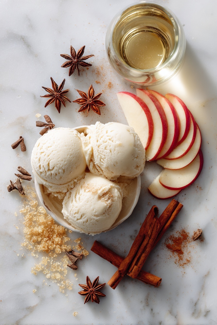 Flat lay of creamy vanilla bean ice cream scoops, fresh red apple slices fanned out, whole star anise pods, cinnamon sticks, and a small pile of golden cinnamon sugar crystals, with a glass bottle of sparkling apple cider nearby, placed on a white marble surface, photo taken with an iphone --ar 2:3 --v 7