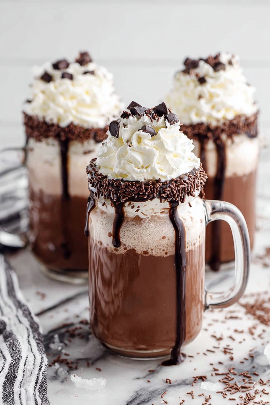 The image shows three glass mugs filled with a thick chocolate drink. Each mug has two main layers: a rich dark brown chocolate layer at the bottom and a white frothy layer on top. On top of the froth, there is a big swirl of whipped cream topped with small dark chocolate pieces and chocolate sprinkles around the rim. Chocolate syrup drips down the sides of the mugs. The mugs are set on a white marbled surface with some chocolate crumbs and drizzle around. A striped white and dark cloth is partially visible on the left side of the image. photo taken with an iphone --ar 2:3 --v 7