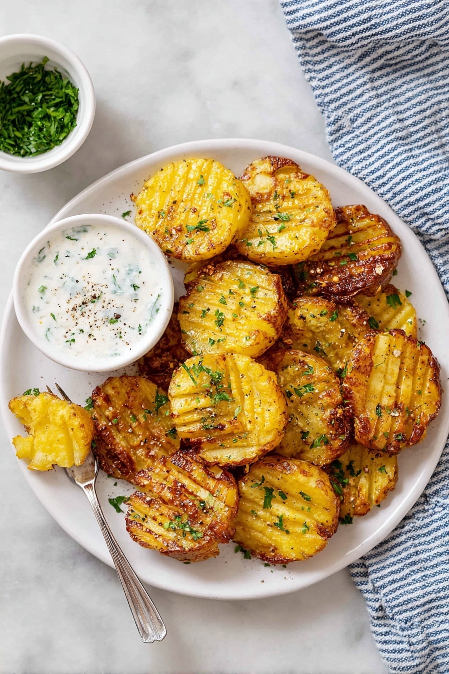 The image shows a white plate filled with about 16 golden brown roasted potato slices arranged in a slightly overlapping way. Each potato slice has a grid pattern etched on its surface and some parts are crispier and darker brown. A white bowl of white creamy sauce with green herb sprinkles sits on the upper right side of the plate. A silver serving spoon holds three potato slices on the left side of the plate. A small white bowl of chopped green herbs is placed near the top left corner on a white marbled surface. A folded cloth with white and blue stripes is seen at the bottom right corner. photo taken with an iphone --ar 2:3 --v 7