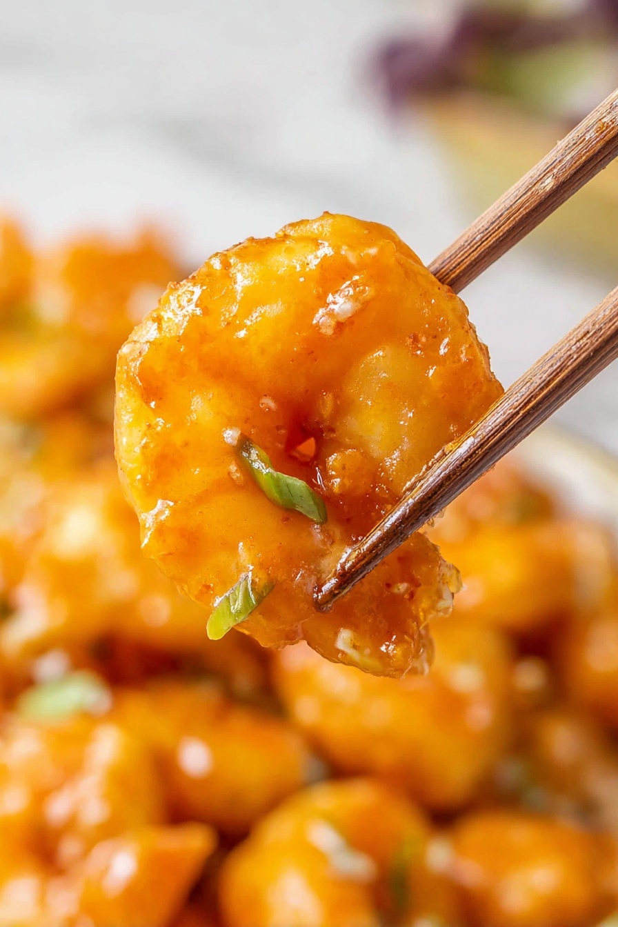 A single crispy shrimp is held close up by light brown wooden chopsticks, coated in shiny bright orange sauce with a smooth texture, showing little bits of green garnish. In the blurry background, many more shrimp in the same orange sauce create a soft, warm background with a bumpy texture. The overall scene is set on a white marbled surface. photo taken with an iphone --ar 2:3 --v 7