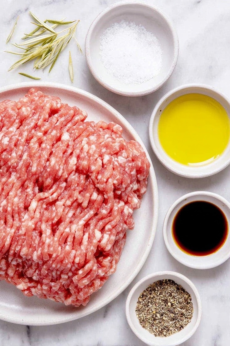 Flat lay of a mound of fresh ground turkey, a small white ceramic bowl with golden extra virgin olive oil, a small white bowl filled with dark Worcestershire sauce, a small white bowl holding coarse sea salt, a small white bowl with freshly ground black peppercorns, all arranged symmetrically on a clean white marble surface, soft natural light, photo taken with an iPhone, professional food photography style, fresh ingredients, white ceramic bowls, no bottles, no duplicates, no utensils, no packaging --ar 2:3 --v 7 --p awthu7i m7354615311229779997