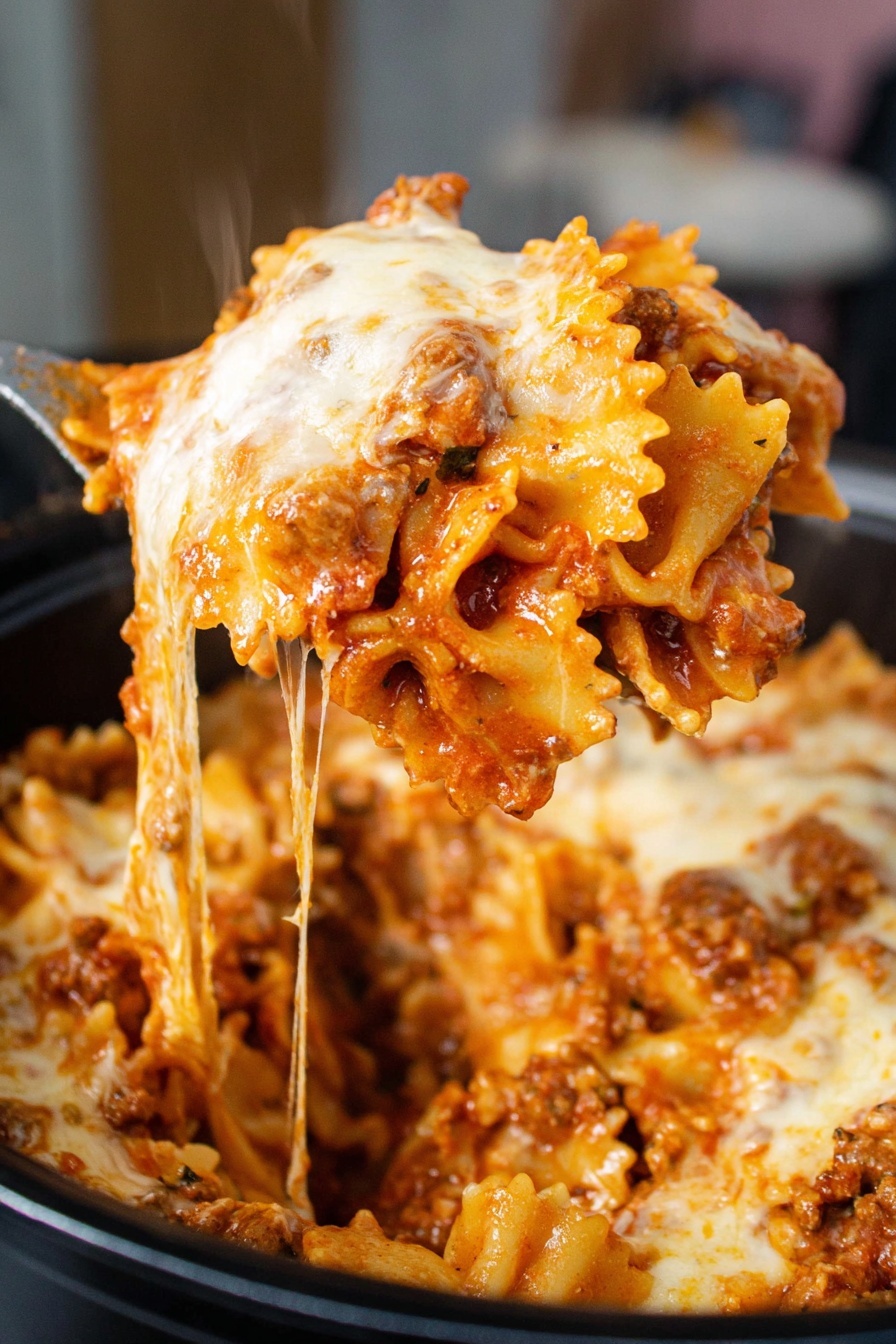 A close-up of a large scoop of lasagna being lifted from a black pot. The lasagna has multiple layers showing wavy pasta sheets in a golden brown color, layered with chunks of cooked ground meat, tomato sauce, and melted cheese. The top layer has a thick stretch of gooey, melted white cheese that pulls as the scoop rises, with the sauce slightly bubbling underneath. The background is softly blurred, and the scoop appears shiny and hot. Photo taken with an iphone --ar 2:3 --v 7