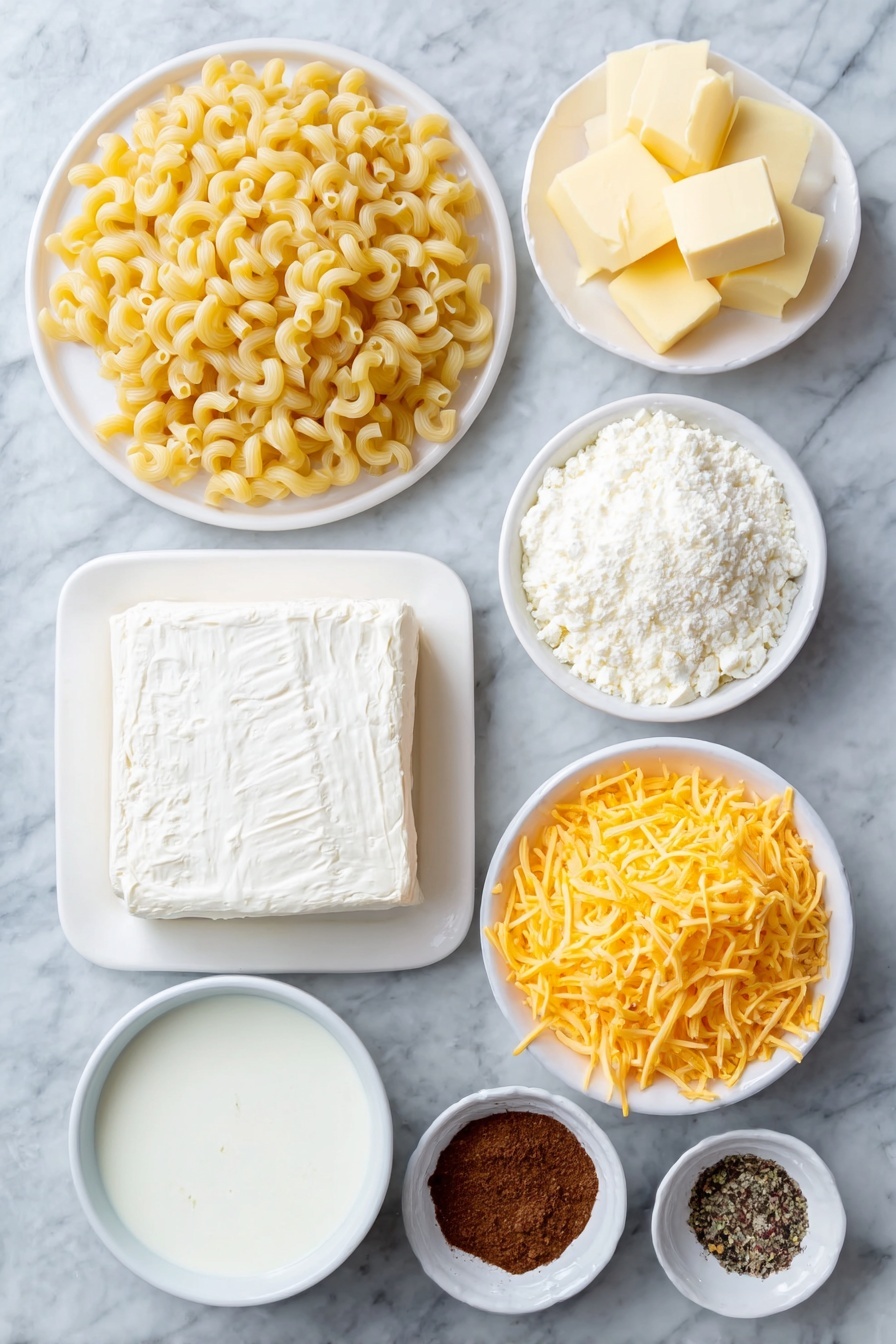Flat lay of a small mound of uncooked elbow macaroni, two small piles of freshly grated sharp cheddar and Monterey Jack cheeses, a white ceramic plate with a softened block of cream cheese, a few cubes of golden butter, two small white bowls filled with creamy evaporated milk, a tiny white bowl with fine dry mustard powder, and two small white bowls containing coarse salt and cracked black peppercorns, all arranged in perfect symmetry on a clean white marble surface, soft natural light, photo taken with an iPhone, professional food photography style, fresh ingredients, white ceramic bowls, no bottles, no duplicates, no utensils, no packaging --ar 2:3 --v 7 --p awthu7i m7354615311229779997