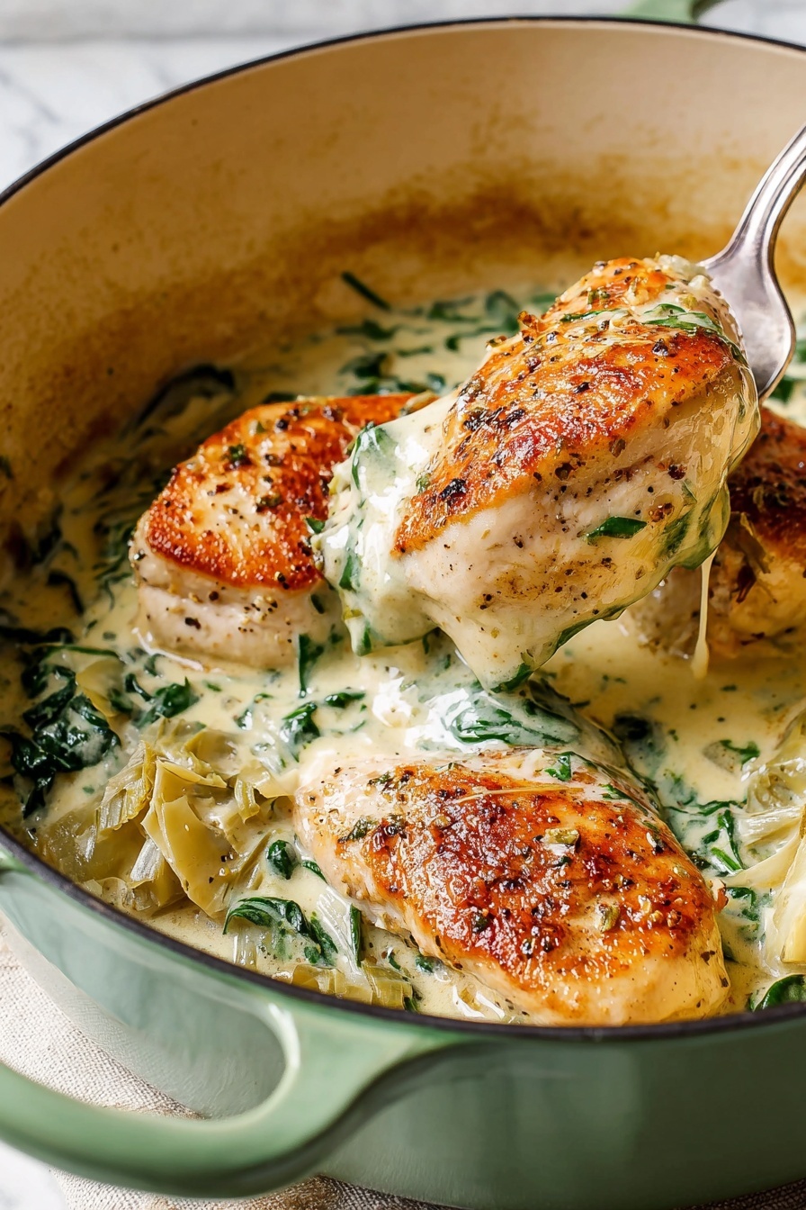 The image shows three pieces of cooked chicken with a golden-brown color and a slightly crispy texture on top. They sit in a creamy white sauce with green spinach leaves and light brown artichoke pieces mixed inside. The sauce looks thick and smooth, coating the chicken and vegetables. A silver fork is lifting one piece of chicken from a light green pot, showing the creamy sauce dripping slightly. The pot's inside is cream-colored and stained slightly with sauce. The background is a white marbled texture photo taken with an iphone --ar 2:3 --v 7