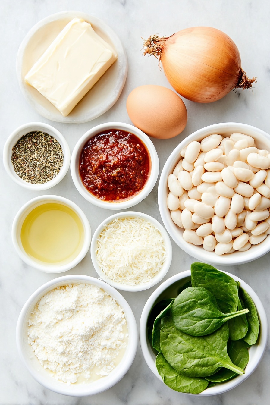 Flat lay of a small square of unsalted butter, one whole brown onion, two whole garlic cloves with skins, one large peeled orange carrot, a small white ceramic bowl of mixed dried Italian herbs, a small white ceramic bowl filled with vibrant red tomato paste, a small white ceramic bowl of pale yellow dry white wine, a small white ceramic bowl of golden chicken stock, a simple heap of drained white cannellini beans, a small white ceramic bowl filled with finely grated pale parmesan cheese, one whole brown egg with a clean shell, a small pile of fresh baby spinach leaves, a small white ceramic bowl filled with thickened cream, placed on a clean white marble surface, soft natural light, photo taken with an iPhone, professional food photography style, fresh ingredients, white ceramic bowls, no bottles, no duplicates, no utensils, no packaging --ar 2:3 --v 7 --p m7354615311229779997