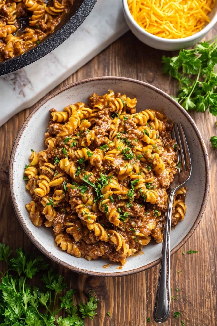 Vegan Cheeseburger Pasta - Serving Suggestion