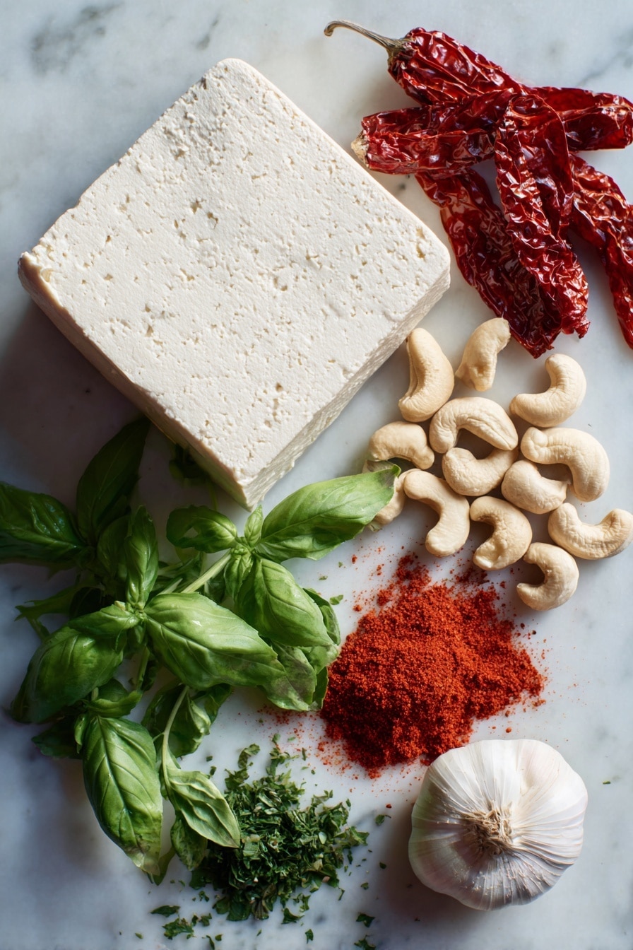 Marry Me Tofu - Flat lay of firm tofu block with smooth, creamy white texture, raw cashews in their natural beige shells, bright red sun-dried tomatoes with a slightly wrinkled surface, vibrant green fresh basil and parsley leaves finely chopped with delicate veins, a large shallot showing pale purple and white layers, garlic cloves with smooth white skin, and a small pile of paprika powder in rich red color, all beautifully arranged with natural spacing and color contrast, placed on white marbled surface, photo taken with an iphone --ar 2:3 --v 7
