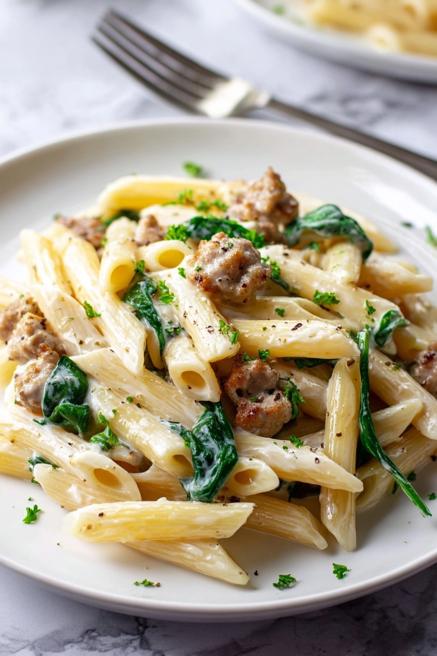 creamy sausage pasta - A white plate holds a serving of penne pasta mixed with small pieces of browned sausage and fresh green spinach leaves, all coated in a creamy white sauce with specks of black pepper and chopped herbs sprinkled on top. A silver fork rests on the right side of the plate. In the background, there is another white plate with plain penne pasta slightly out of focus, and a small white bowl filled with mixed peppercorns. The scene is set on a white marbled surface with a striped cloth napkin on the left side. photo taken with an iphone --ar 2:3 --v 7