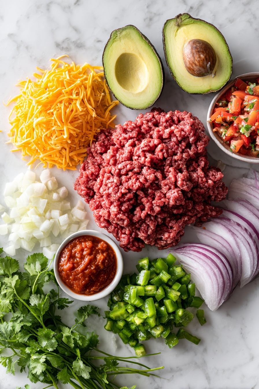 Beef Enchiladas - Flat lay of fresh ground beef with a rich red tone, diced yellow onion showing crisp white and pale yellow layers, cloves of garlic with papery white skin, bright green diced chiles with a glossy texture, vibrant red tomato paste smoothed in a small dollop, a pile of shredded Mexican cheese blend with creamy white, orange, and yellow hues, ripe avocado halves revealing smooth pale green flesh and dark skin, fresh cilantro sprigs with delicate bright green leaves, and colorful pico de gallo with red tomatoes, green jalapeños, and white onions, placed on white marbled surface, photo taken with an iphone --ar 2:3 --v 7