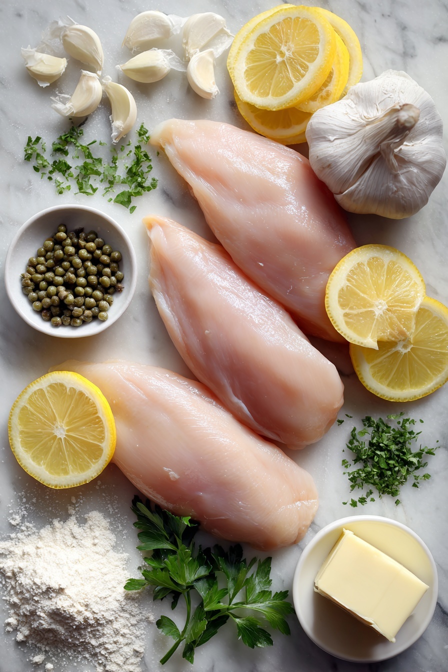 Creamy Lemon Chicken - Flat lay of four raw boneless, skinless chicken breasts with a smooth, pale pink surface, fresh vibrant yellow lemon slices arranged around them, small piles of bright green chopped parsley leaves, plump green capers scattered artistically, several peeled garlic cloves with their papery white skins, a small mound of fine white flour, and a few dollops of creamy pale yellow butter, all placed on white marbled surface, photo taken with an iphone --ar 2:3 --v 7