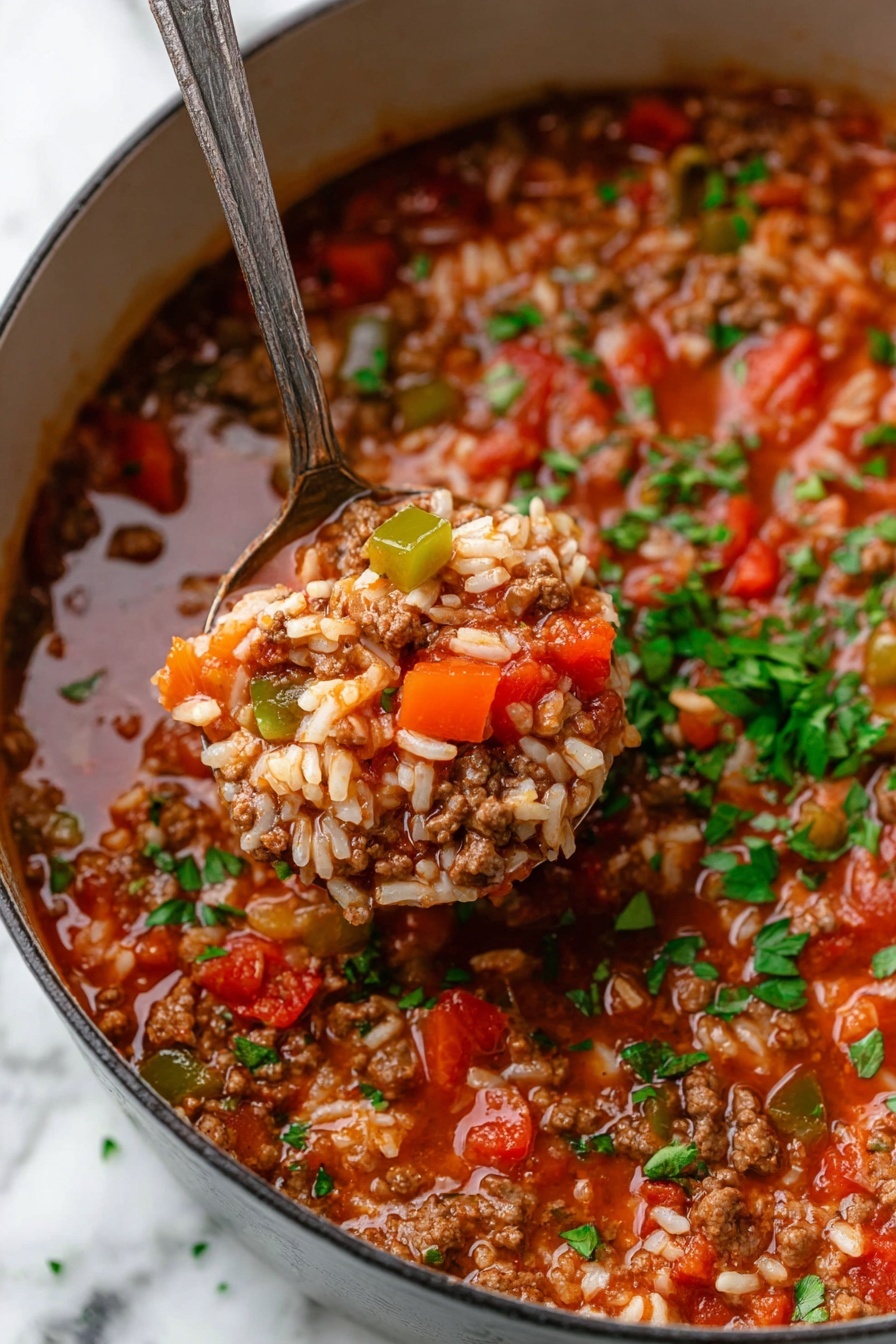 stuffed pepper soup - A close-up of a white bowl filled with a stew made of rice, ground meat, large red tomato chunks, and green bell pepper pieces, all covered in a light reddish broth and topped with chopped green herbs. A silver spoon scoops a portion of the stew showing the mix of ingredients clearly. The bowl sits on a white plate placed on a white marbled background. Small bits of herbs are scattered on the surface around the bowl. photo taken with an iphone --ar 2:3 --v 7