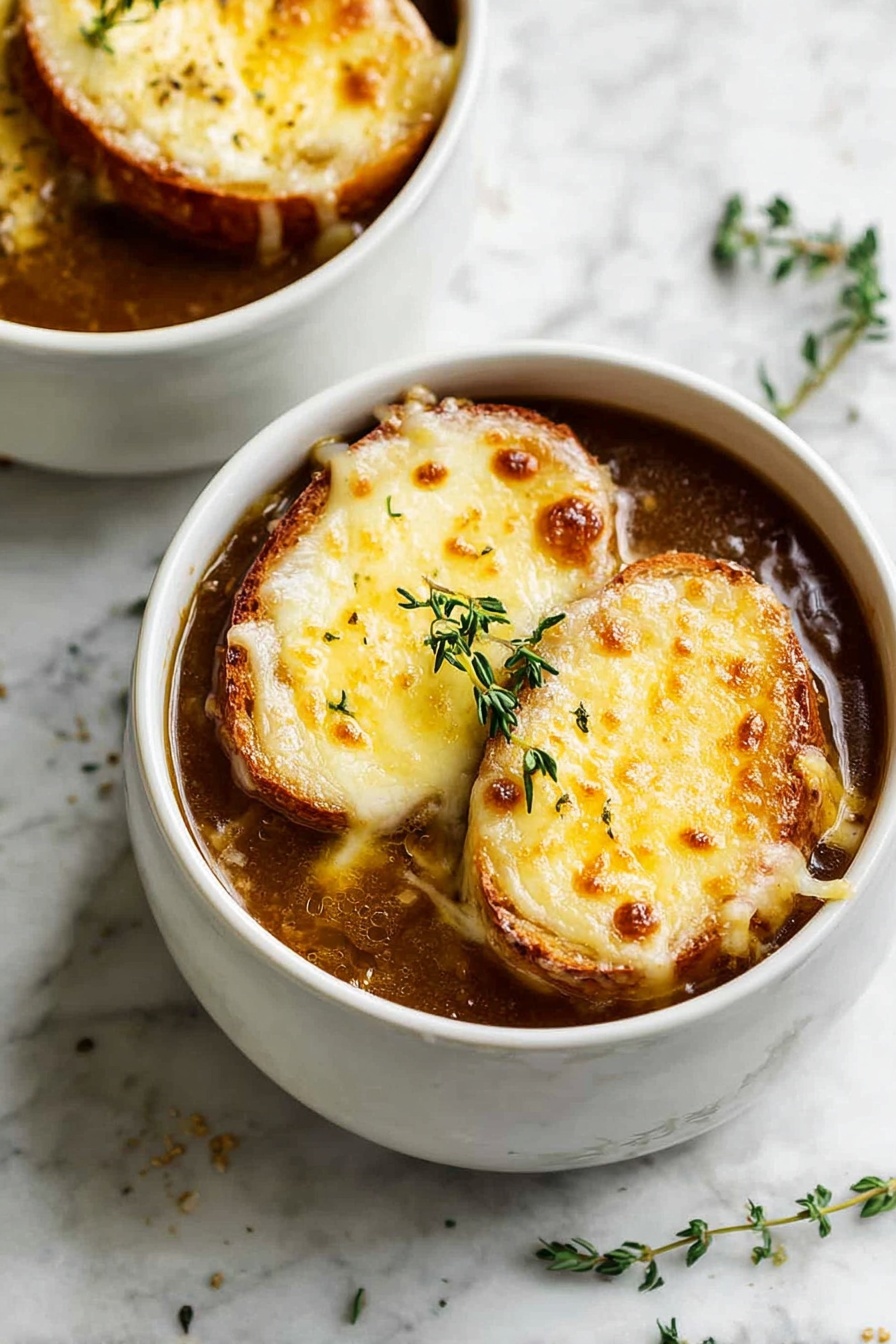 French Onion Soup - The image shows a white ceramic bowl filled with dark brown onion soup, topped with a golden-brown melted cheese layer that covers toasted bread slices. A spoon lifts a portion from the bowl, revealing soft cooked caramelized onions with stringy, melted cheese stretching from the soup. There is a green herb sprig on the surface of the soup as garnish. The bowl is placed on a white marbled surface, and there is another similar bowl blurred in the background. Photo taken with an iphone --ar 2:3 --v 7