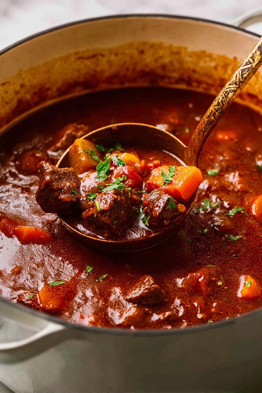 Hungarian Beef Goulash - A large white pot filled with rich, dark red stew showing chunks of tender brown beef, orange and yellow diced vegetables, and small pieces of red pepper, all mixed in a thick sauce. A golden spoon rests inside the pot, partially submerged in the stew. Two pieces of crusty bread with a golden-brown top are placed near the pot. Bright red and orange autumn leaves decorate the background, which is a white marbled surface. Photo taken with an iphone --ar 2:3 --v 7