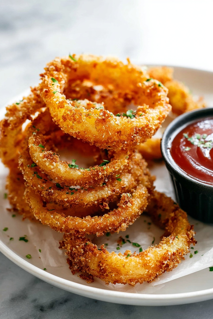 A white bowl lined with crumpled white paper holds many golden-brown crispy onion rings with a rough textured coating. In the center, there is a small black round cup filled with thick red ketchup with some green herb pieces on top. A woman's hand is holding one onion ring, partially dipped into the ketchup. The background is a white marbled texture. Photo taken with an iphone --ar 2:3 --v 7