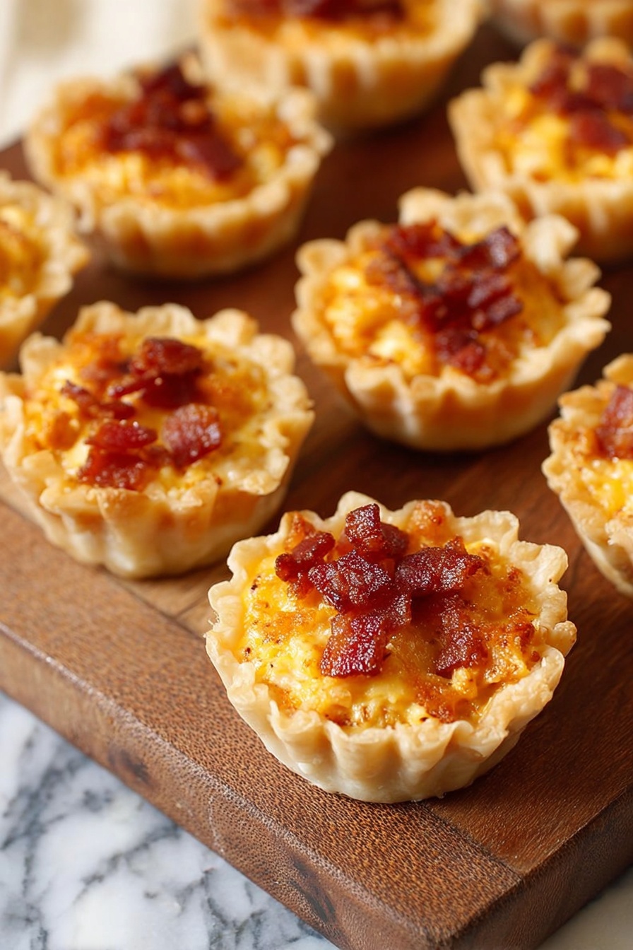 Small tartlets are shown on a wooden board over a white marbled surface. Each tartlet has a golden, crispy, ruffled crust that holds a creamy yellow-orange filling topped with small pieces of crispy reddish-brown bacon. The tartlets are arranged in a scattered pattern with the focus on the front ones, showing texture details on the filling and crust. Photo taken with an iphone --ar 2:3 --v 7