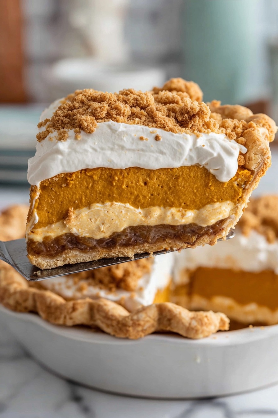 The image shows a slice of pie lifted above a white dish on a white marbled surface. The pie slice has four visible layers: a bottom brown crust layer with a crumbly texture, a thick orange pumpkin-colored filling with a smooth surface above it, a thick white whipped cream layer on top of the filling, and a crumbly brown streusel topping scattered over the whipped cream. The outer edge of the crust is thick and puffy with a golden-brown color. The slice is held by a pie server, and the background is softly blurred. Photo taken with an iphone --ar 2:3 --v 7