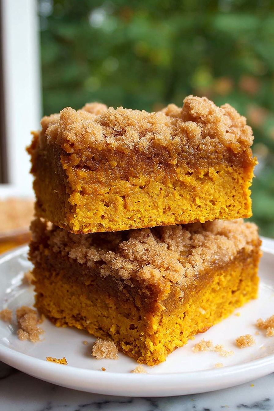 The image shows two square pieces of moist pumpkin cake stacked on a white plate placed on a white marbled surface. Each piece has three layers: a dense, deep orange pumpkin cake base, a slightly darker middle layer that looks more firm, and a crumbly light brown streusel topping with coarse sugar sprinkled on top. The texture of the cake looks soft but dense, with small air holes visible, and some crumbs are scattered around the plate. The background is blurred with green and brown tones, suggesting an outdoor view through a window. Photo taken with an iphone --ar 2:3 --v 7