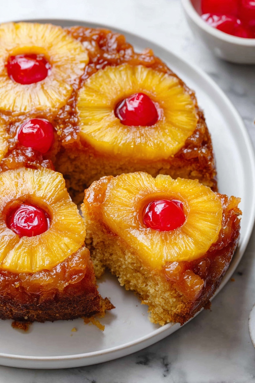 The image shows a close-up of a pineapple upside-down cake cut into slices on a white plate. The top layer has five bright yellow pineapple rings, each with a shiny red cherry placed in the middle. The pineapples look soft and caramelized with a glossy, sticky glaze. Below this top fruity layer is a golden-brown, moist cake base with a slightly crumbly texture. The white plate sits on a white marbled surface, and there is a small part of a white bowl with more cherries visible at the top right. Photo taken with an iphone --ar 2:3 --v 7