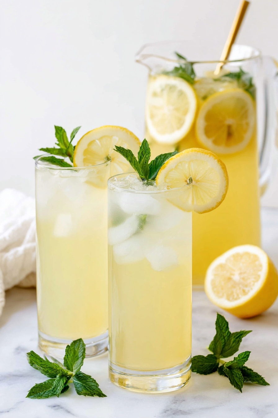 A clear glass pitcher filled with light yellow lemonade sits on a white marbled surface. Inside the pitcher, there are several translucent ice cubes, thin round lemon slices layered near the top, and fresh bright green mint leaves floating. A shiny gold spoon rests inside the pitcher, with its handle sticking out. Around the pitcher, there are two lemon halves showing their juicy yellow interior, and a few green mint leaves scattered on the surface. A white cloth with a light brown grid pattern is partially visible in the background. Photo taken with an iphone --ar 2:3 --v 7