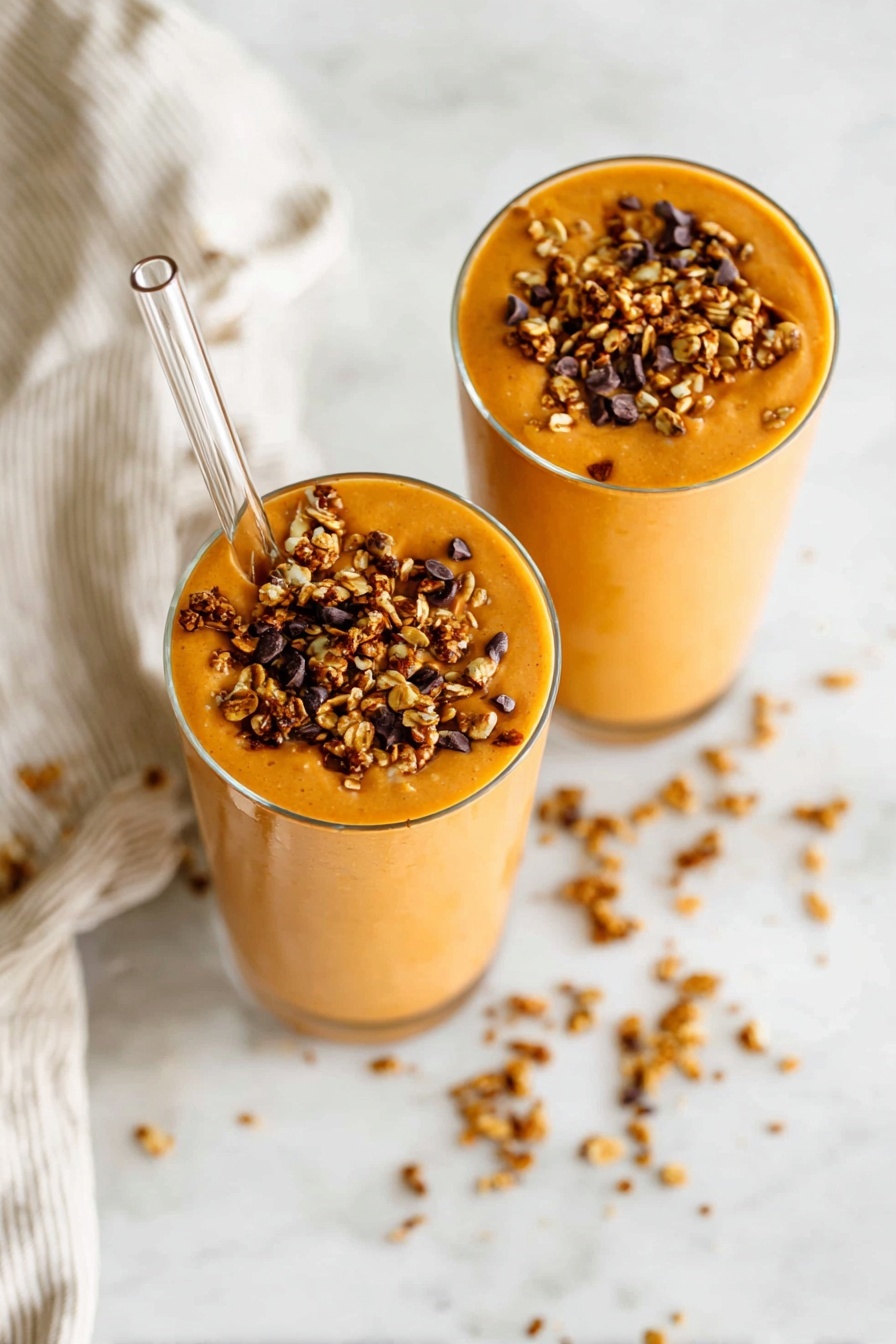 Two glasses are filled with one thick orange layer of smoothie that looks creamy and smooth. Each glass is topped with a sprinkle of golden brown granola mixed with small dark chocolate or seed pieces, adding a crunchy texture on top. Clear glass straws rest inside each glass on the right side. The glasses sit on a white marbled surface with scattered granola pieces around. A light beige cloth with subtle stripes is placed in the top left corner. The photo taken with an iphone --ar 2:3 --v 7