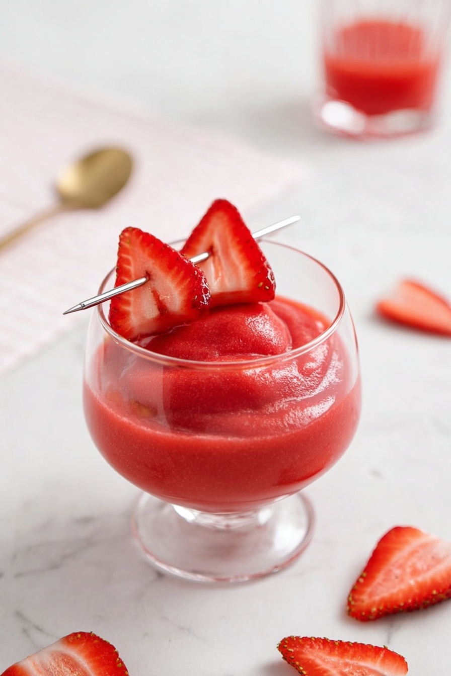 A clear glass cup is filled with a thick, smooth red strawberry puree. Two triangular fresh strawberry slices are placed on top, skewered side by side on a silver stick that rests across the glass rim. Around the glass, on a white marbled surface, there are several more fresh strawberry slices scattered. In the background, there is a clear glass with a red liquid inside and a gold spoon lying flat. The scene is bright and clean, emphasizing the vibrant red colors against the white marbled texture. photo taken with an iphone --ar 2:3 --v 7