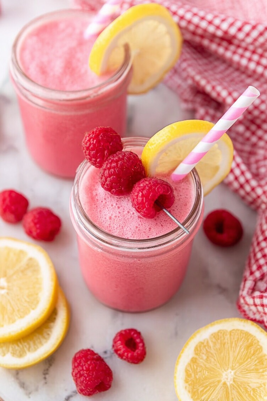 The image shows a bright pink smoothie served in clear glass jars placed on a white marbled surface. Each jar has a thick, frothy pink smoothie filling it almost to the top. On the rim of the front jar, there is a skewer with three fresh raspberries and a thin, round slice of lemon, along with a pink and white striped straw placed inside the jar. Around the jars, there are scattered fresh raspberries and two lemon slices lying flat on the surface. A folded red and white checkered cloth is partly visible in the top right corner. The overall look is fresh and colorful with a soft natural light highlighting the textures. Photo taken with an iphone --ar 2:3 --v 7