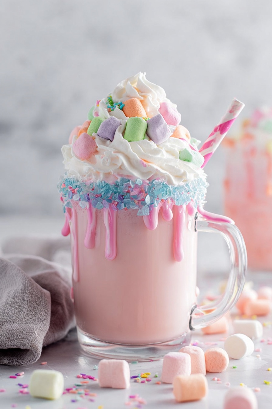 A tall clear glass mug filled with a light pink milkshake sits on a white marbled surface. The mug is topped with a large swirl of white whipped cream, covered in small, colorful marshmallows in pastel shades of pink, purple, green, and orange, along with tiny pink and blue sprinkles. Pink syrup drips down from the whipped cream and the rim, which is decorated with blue sugar crystals and white cream. A pink and white striped straw is placed on the right side of the whipped cream. In the background, another similar pink milkshake is partly visible. Photo taken with an iphone --ar 2:3 --v 7