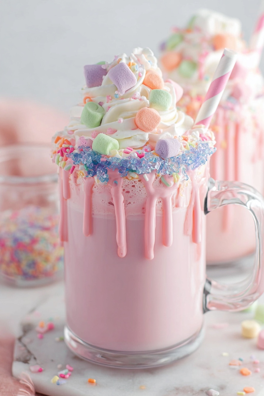 A clear glass mug filled with pale pink milkshake is shown, topped with a tall swirl of white whipped cream. The whipped cream is decorated with colorful mini marshmallows in pastel shades of pink, green, orange, and purple, along with small pink and blue sprinkles. Pink syrup is drizzled over the whipped cream, some dripping down the sides of the mug, which is rimmed with a ring of blue and white sprinkles. A pink and white striped straw is inserted into the whipped cream at an angle. The mug is placed on a white marbled surface with blurred background elements, including another similar pink drink. photo taken with an iphone --ar 2:3 --v 7
