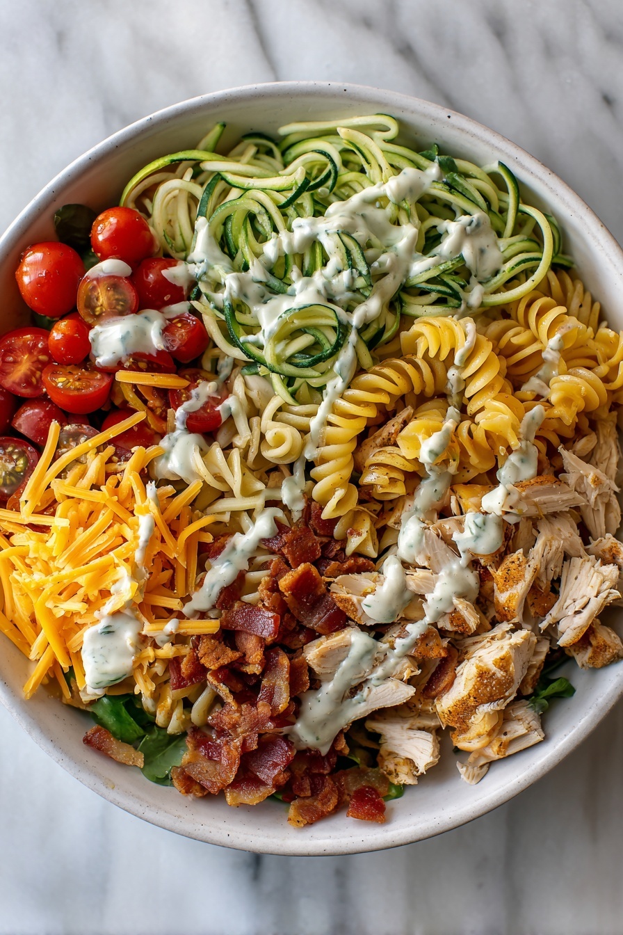 Flat lay of cooked spiral veggie pasta, shredded rotisserie chicken pieces, crisp diced bacon, shredded zucchini, halved cherry tomatoes, sharp shredded cheddar cheese, and a creamy ranch dressing drizzle artfully arranged on a white marble surface, photo taken with an iphone --ar 2:3 --v 7