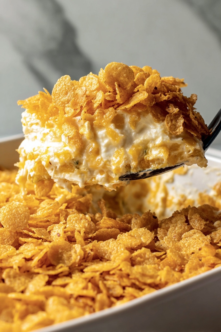 A close-up of a layered cheesy casserole being scooped with a black spoon, showing a thick creamy cheese layer in the middle that is soft and gooey, topped with a crunchy golden cereal or cracker crumb layer that covers the surface in a dense uneven layer, with bits breaking off as it is lifted; the casserole is in a white dish with a white marbled surface background. photo taken with an iphone --ar 2:3 --v 7