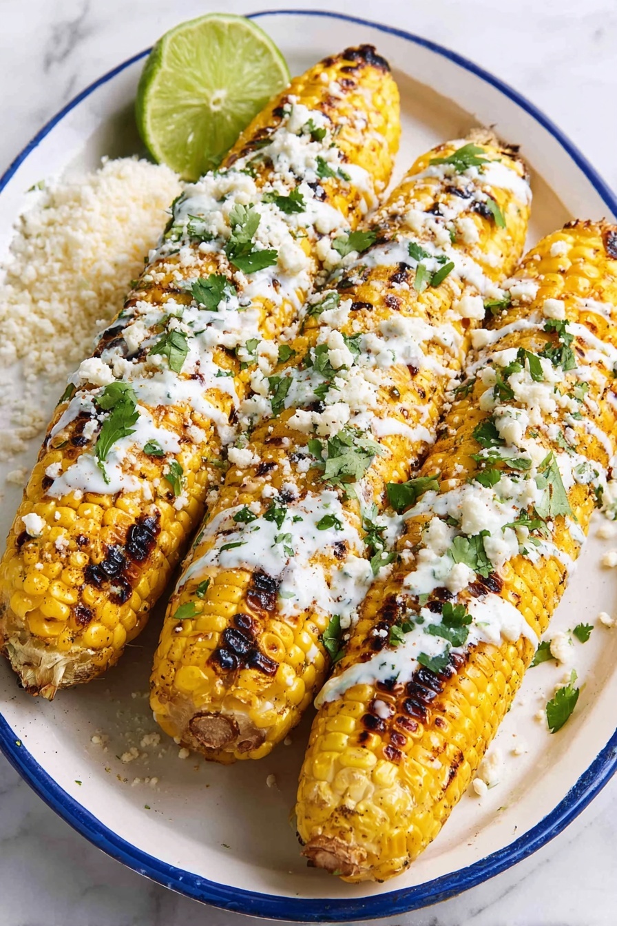 Three grilled corn on the cobs with golden yellow kernels and char marks, laid side by side on a white plate with a blue rim. Each cob is layered with a drizzle of white creamy sauce, sprinkled with crumbled white cheese, and topped with small pieces of fresh green herbs. On the top left of the plate, there is a lime wedge and a mound of extra crumbled white cheese. The plate is placed on a white marbled surface. Photo taken with an iphone --ar 2:3 --v 7