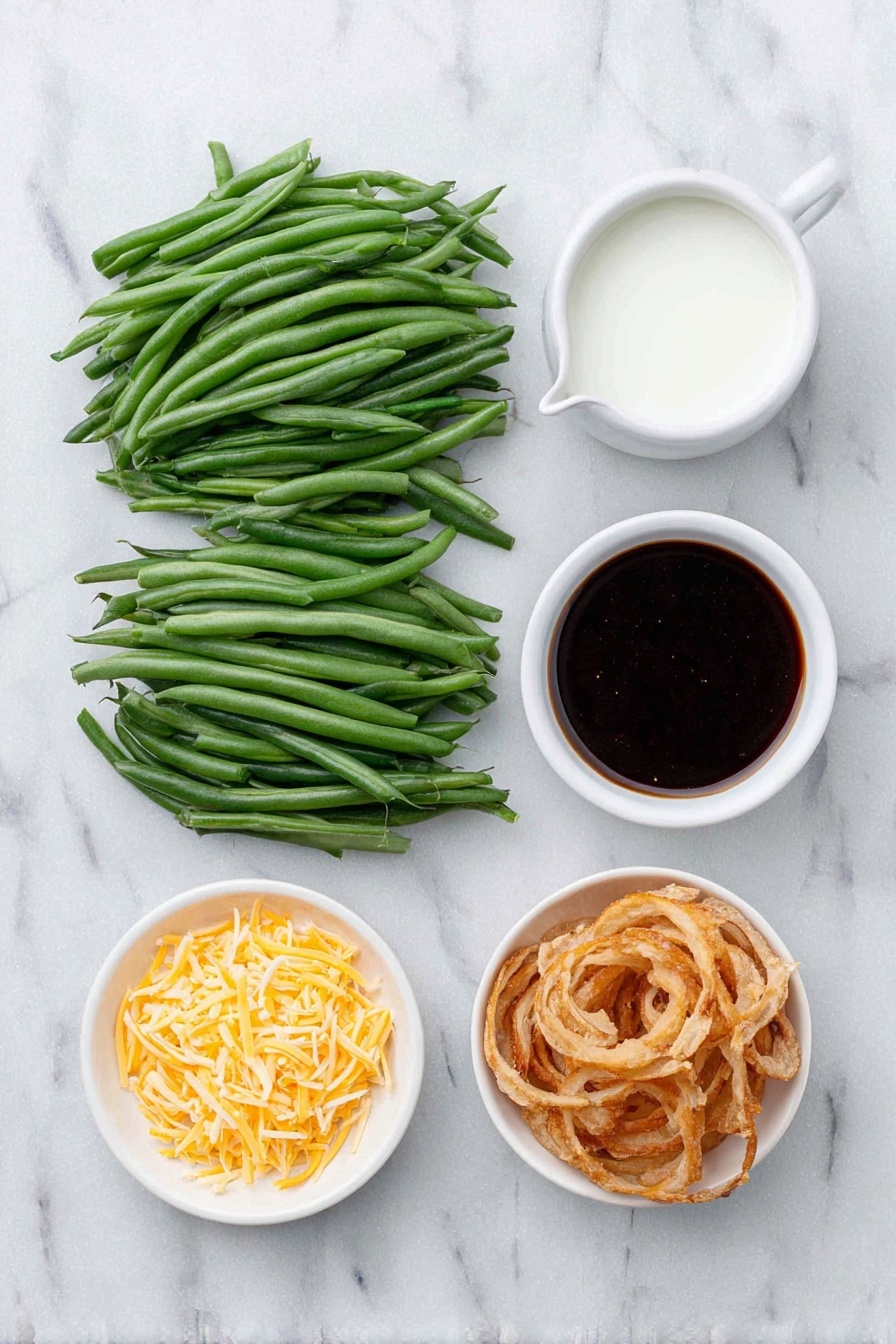 Flat lay of fresh green beans trimmed and cut into bite-size pieces arranged neatly, a small white bowl filled with creamy mushroom soup, a small white bowl containing whole milk, a small white bowl with a glossy dark Worcestershire sauce, a small white bowl holding freshly ground black pepper, a small pile of crispy fried onion strings, and a small mound of shredded sharp cheddar cheese, all placed on a clean white marble surface, soft natural light, photo taken with an iPhone, professional food photography style, fresh ingredients, white ceramic bowls, no bottles, no duplicates, no utensils, no packaging --ar 2:3 --v 7 --p awthu7i m7354615311229779997