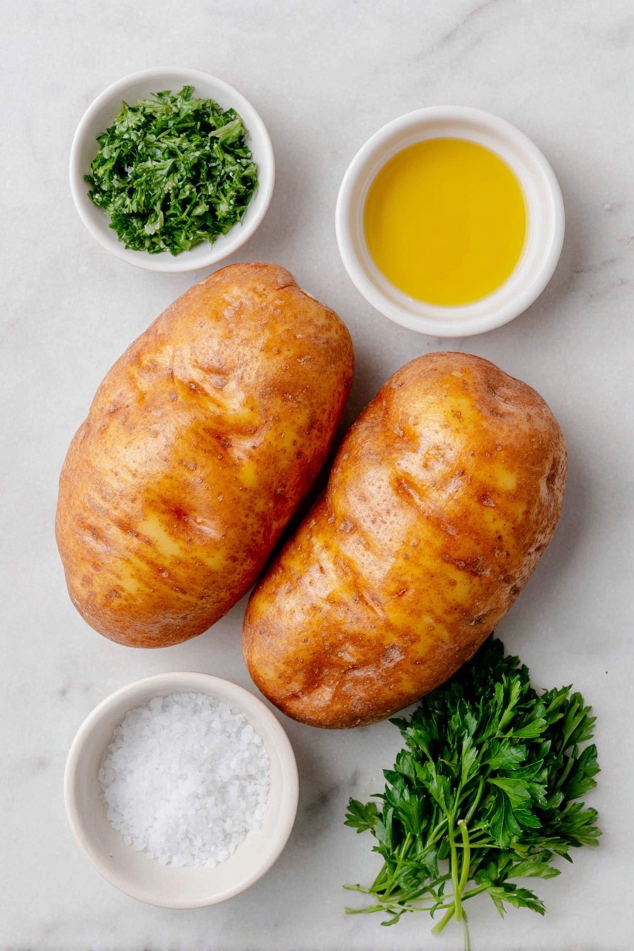 Flat lay of two large russet potatoes, thinly sliced into delicate rounds, a small white ceramic bowl filled with clear ice water, a small white ceramic bowl containing fine seasoned salt, a few sprigs of fresh parsley with vibrant green leaves, and a small white ceramic bowl holding golden olive oil, all arranged with perfect symmetry on a clean white marble surface, soft natural light, photo taken with an iPhone, professional food photography style, fresh ingredients, white ceramic bowls, no bottles, no duplicates, no utensils, no packaging --ar 2:3 --v 7 --p awthu7i m7354615311229779997