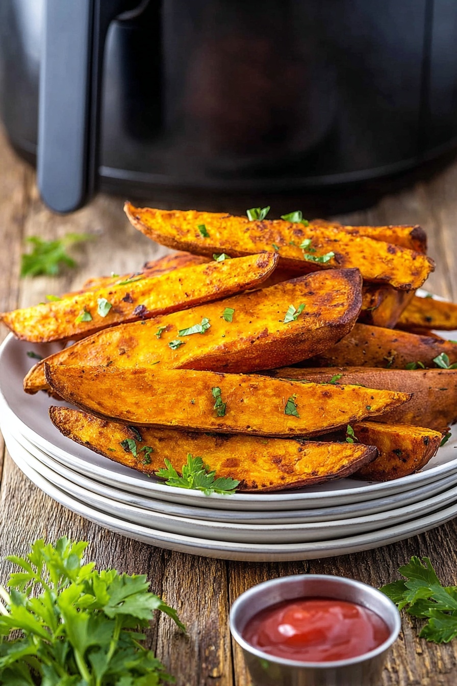 A white plate holds several thick sweet potato wedges stacked in layers, each wedge having a bright orange color with a slightly charred, crispy skin, and sprinkled with chopped green herbs. To the side of the wedges, there is a small white bowl filled with smooth red ketchup. The background features a white marbled texture and fresh green herbs are blurred in the back. photo taken with an iphone --ar 2:3 --v 7