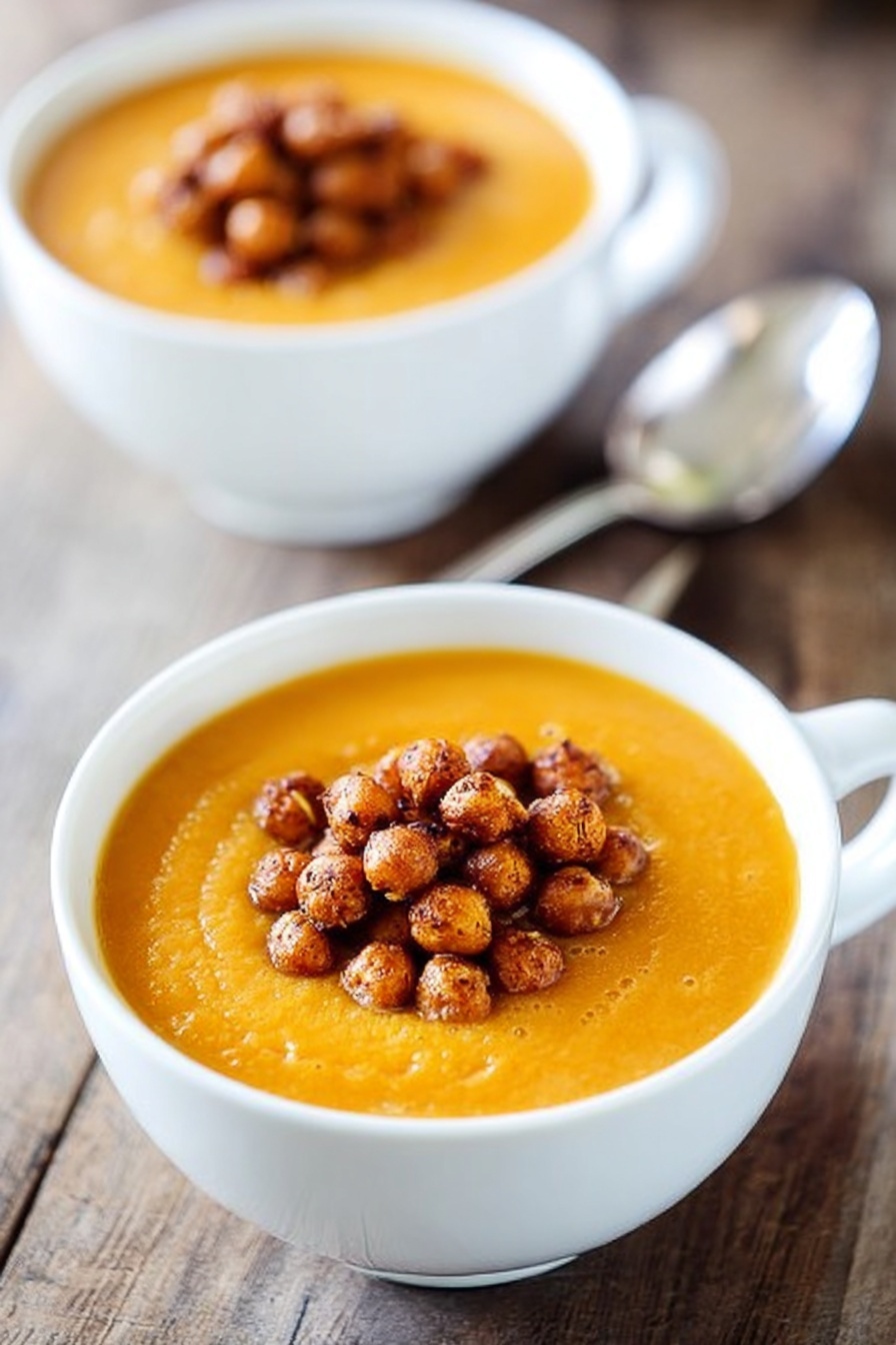 The image shows two white cups filled with smooth orange soup. Each cup has a layer of crispy brown chickpeas piled on top, centered on the soup's surface. The cups are placed on a wooden table, with one cup in the foreground and the other blurred in the background. A metal spoon lies next to the cup in the back. photo taken with an iphone --ar 2:3 --v 7