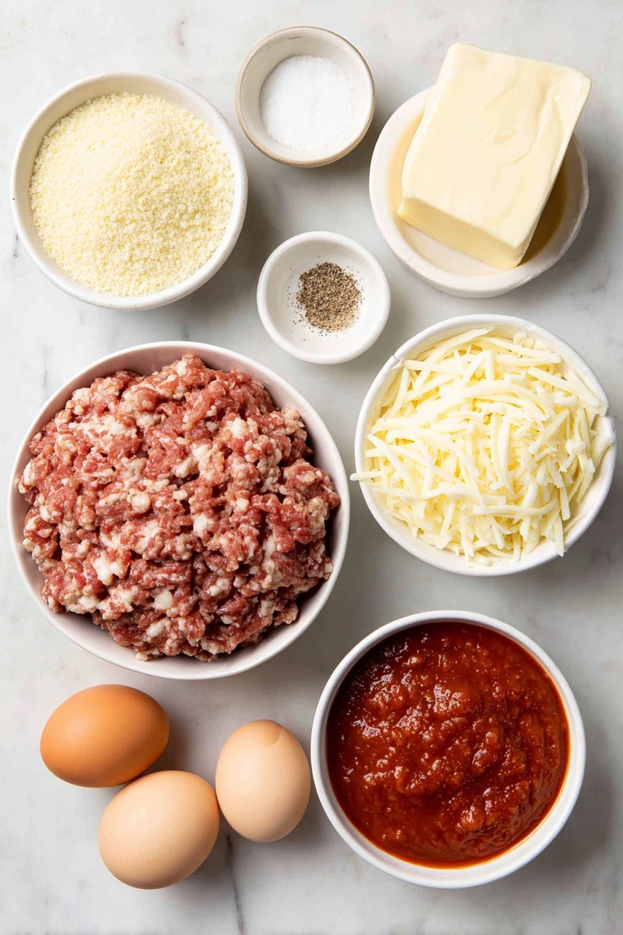 Flat lay of fresh ground beef in a simple white ceramic bowl, Italian bulk sausage crumbled and placed in a white bowl, a small white bowl of Italian seasoned breadcrumbs, a small white bowl with shredded Parmesan cheese, three whole uncracked brown eggs, a small white bowl of milk, two teaspoons of coarse salt in a tiny white bowl, half a teaspoon of black pepper in another small white bowl, a pinch of garlic powder in a small white bowl, and a white bowl filled with rich red marinara pasta sauce, all arranged symmetrically and balanced on a clean white marble surface, soft natural light, photo taken with an iPhone, professional food photography style, fresh ingredients, white ceramic bowls, no bottles, no duplicates, no utensils, no packaging --ar 2:3 --v 7 --p awthu7i m7354615311229779997