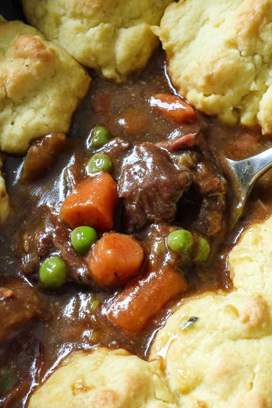 The image shows a close-up view of a dark brown stew with visible chunks of orange carrots and green peas in a glossy sauce. On top and around the stew, there are several spoonfuls of light golden biscuit dough that looks soft and slightly browned on the edges. The stew appears thick and rich with tender meat pieces mixed in. The overall colors mix dark brown, orange, green, and pale yellow, with a shiny texture from the sauce and a soft texture from the biscuit dough. The scene is close and detailed, showing the moistness and thickness of the food. Photo taken with an iphone --ar 2:3 --v 7