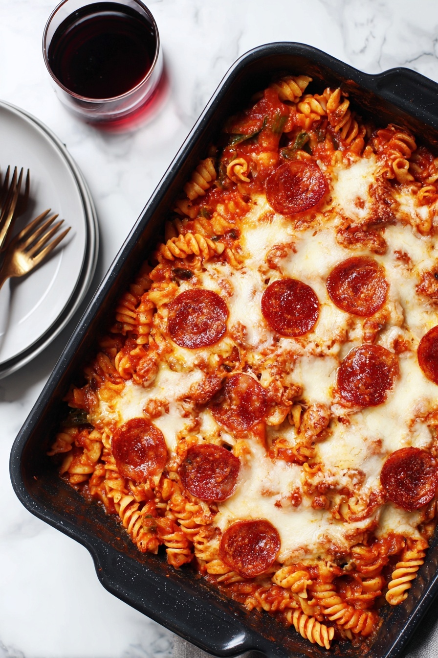 A black rectangular baking dish filled with baked spiral pasta covered in a thick layer of melted white cheese with a slightly golden finish, scattered with round, dark red pepperoni slices on top. The pasta is coated in a rich red tomato sauce with visible pieces of green bell pepper and brown mushrooms mixed throughout. The dish is placed on a white marbled surface, accompanied by two plain white plates stacked with two silver forks on the left, one plate holding a serving of the pasta, and a glass of dark red drink nearby. Photo taken with an iphone --ar 2:3 --v 7